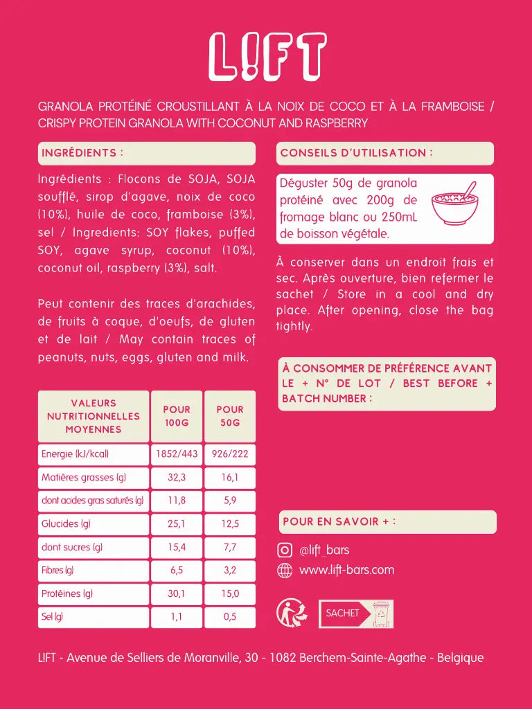 GRANOLA PROTÉINÉ – Noix de coco & framboise