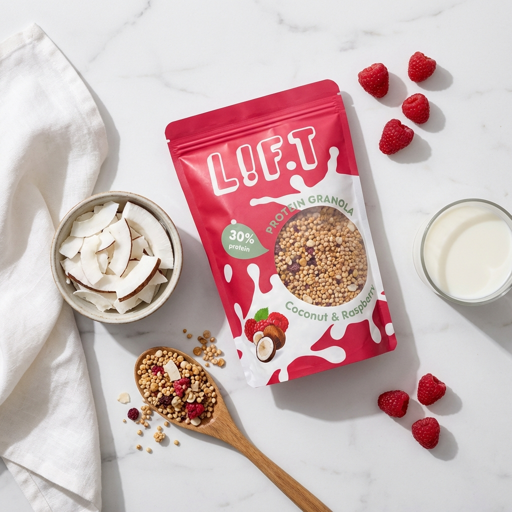 Granola protéiné noix de coco et framboise LIFT avec framboises