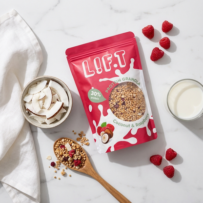 Granola protéiné noix de coco et framboise LIFT avec framboises