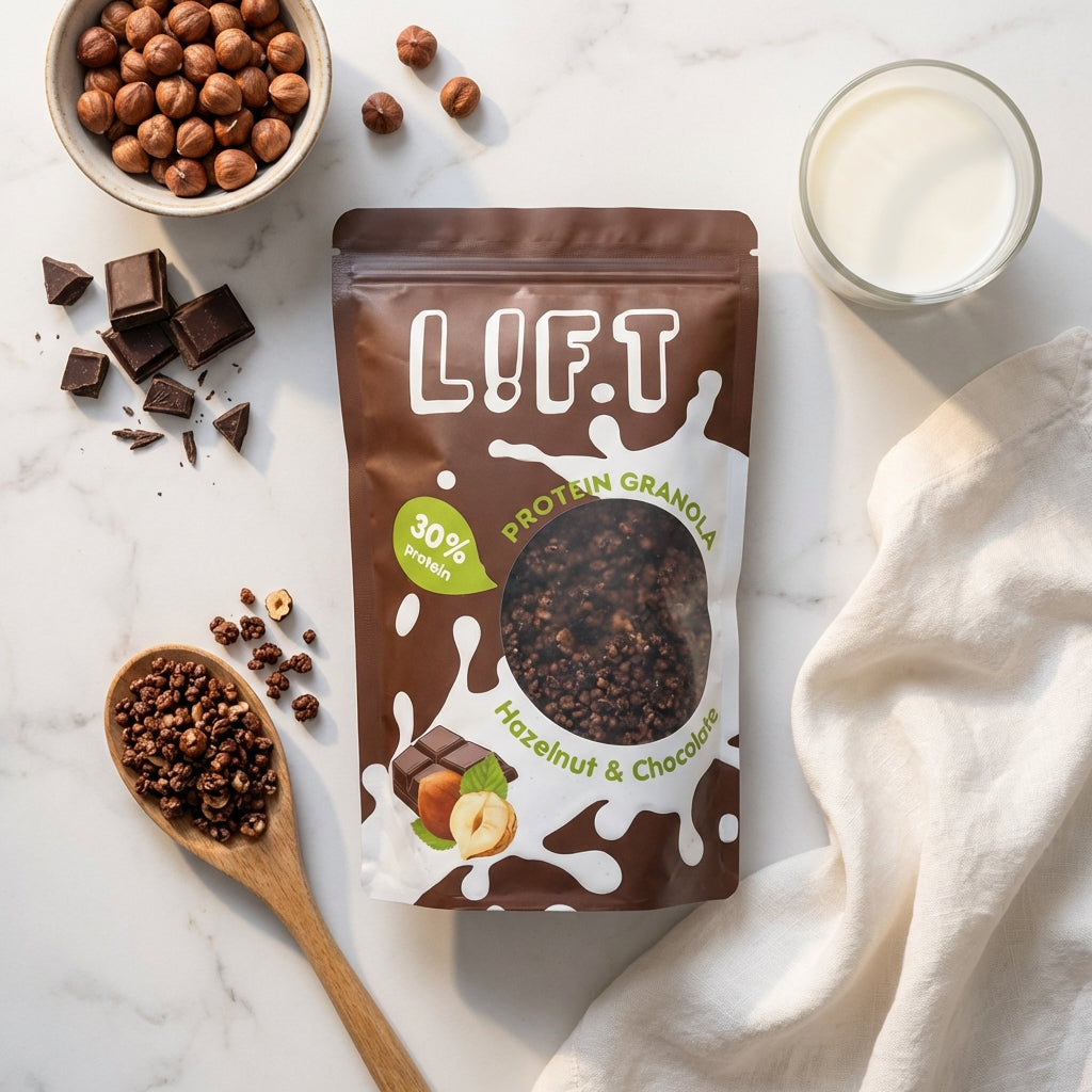 Granola protéiné LIFT entouré de ses ingrédients naturels